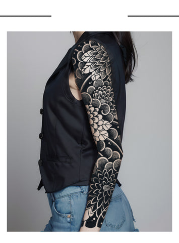 Black jacket with floral Semi Permanent Tattoo on full arm