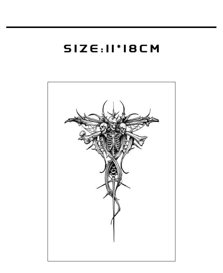 Tattoo sticker design with skeleton and floral elements on a white background, labeled 'Herbaceous'.