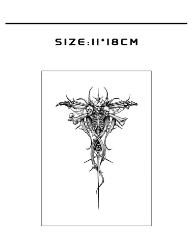 Tattoo sticker design with skeleton and floral elements on a white background, labeled 'Herbaceous'.