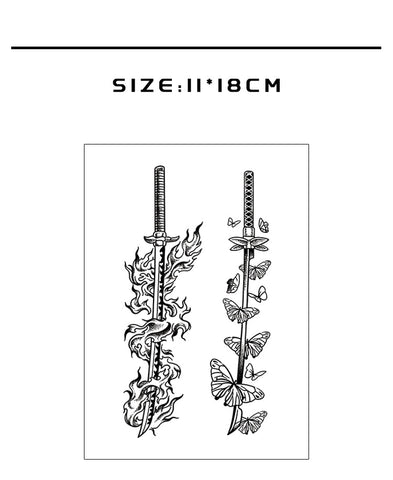 Tattoo stickers with designs of a sword and butterflies on a white background, labeled 'Herbaceous'.