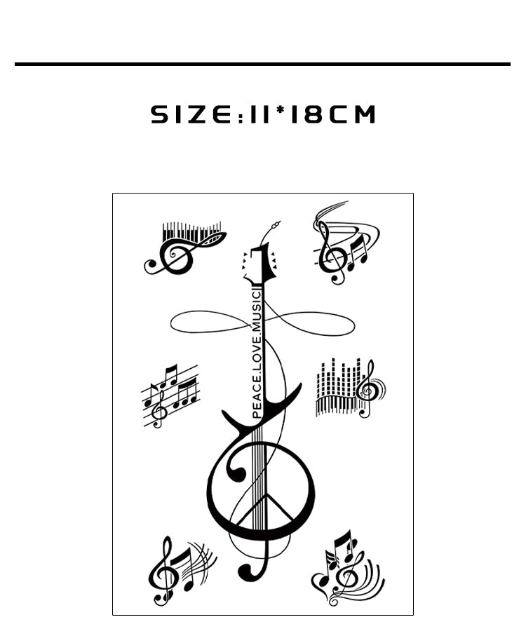 Tattoo stickers with musical symbols and peace sign on a white background