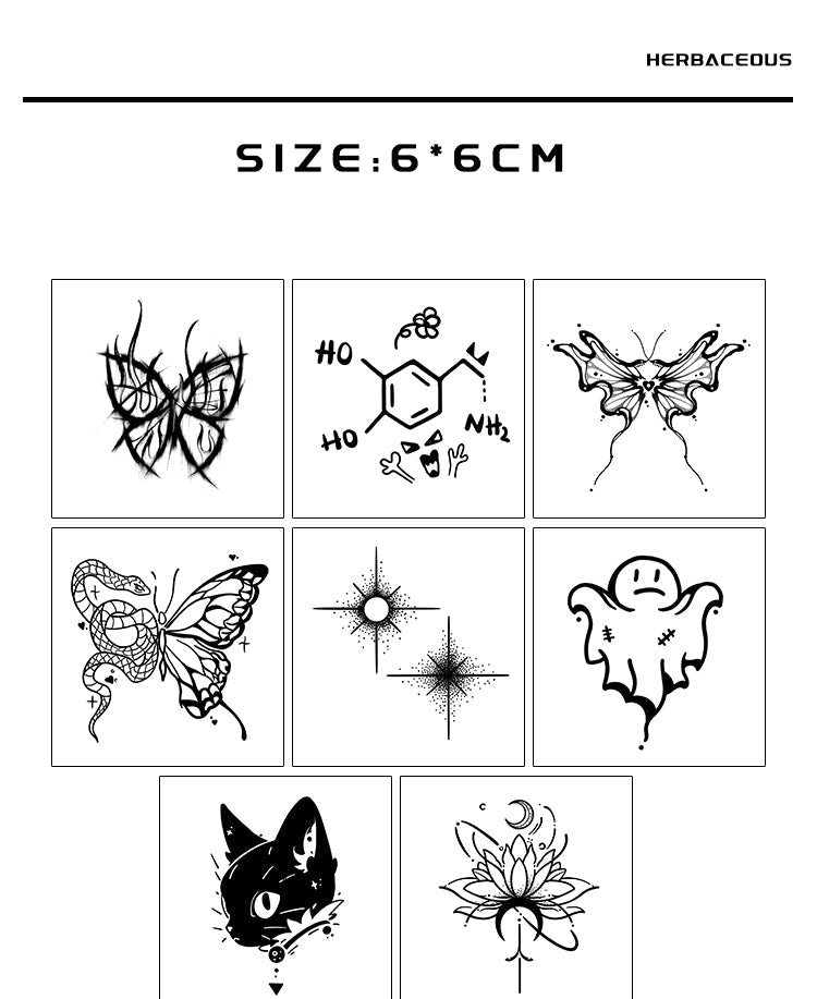 Sheet of tattoo stickers with various designs on a white background