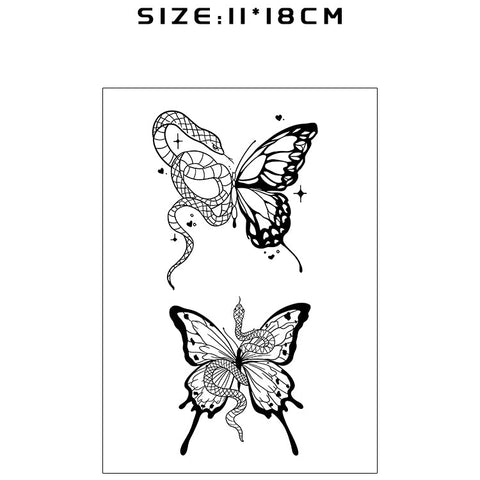 Butterfly tattoo stickers with size and code information on a white background