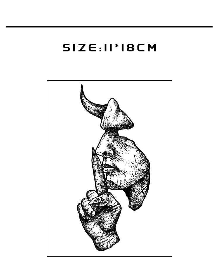 Tattoo sticker design with a hand and horns, size 11x18cm, brand 'Herbaceous'.