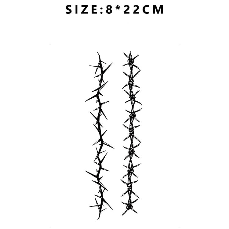 Barbed wire tattoo sticker design with size and code information on a white background