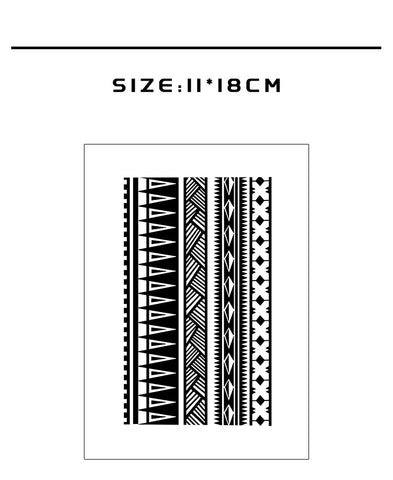 Tattoo stickers with tribal designs and size information on a white background