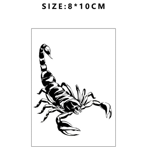 Scorpion tattoo sticker with size and code information on a white background