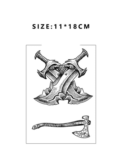 Tattoo sticker design of crossed axes with size and product code information on a white background.
