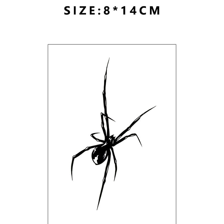 Spider tattoo sticker with size and code information on a white background