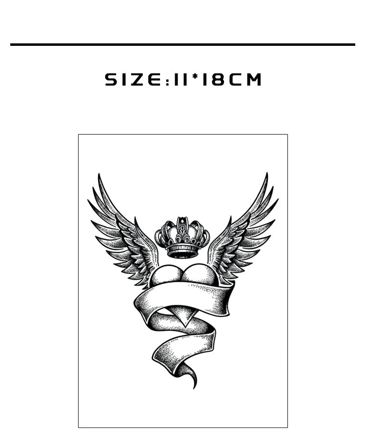 Tattoo sticker design with wings and a crown on a white background