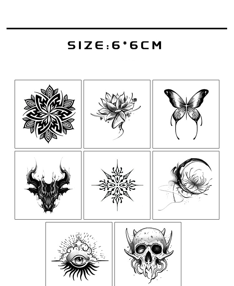 Sheet of tattoo stickers with various designs on a white background