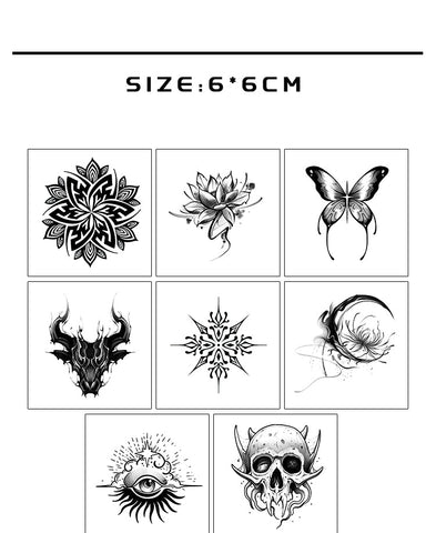 Sheet of tattoo stickers with various designs on a white background