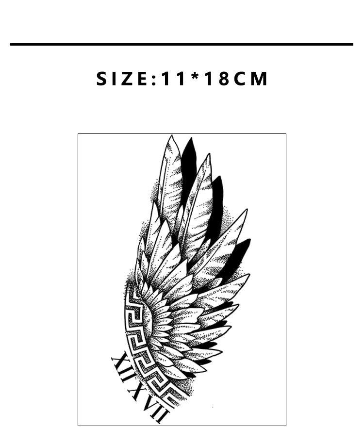 Tattoo sticker with wing design and size information on a white background