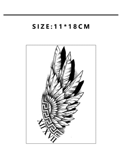 Tattoo sticker with wing design and size information on a white background