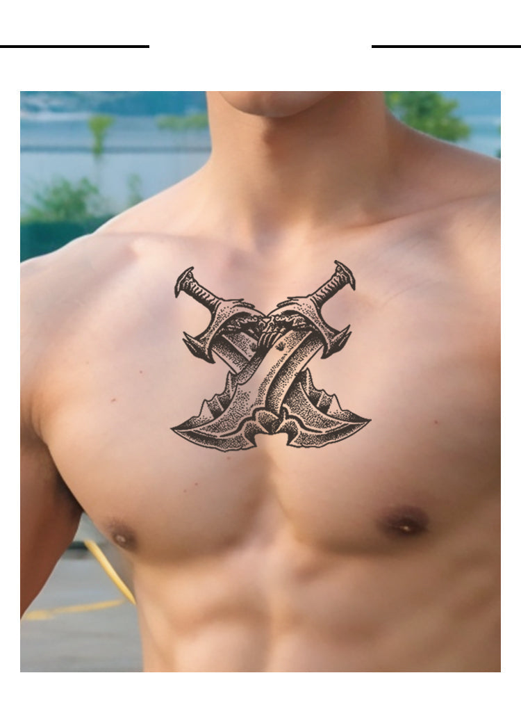 Tattoo design of two crossed swords on a person's chest with a blurred background.