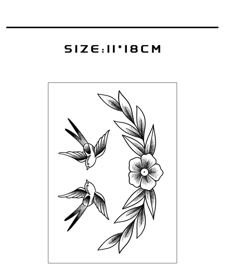 Tattoo stickers with birds and flowers on a white background